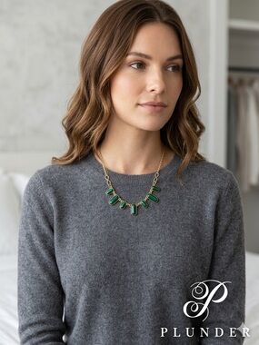 Plunder Malachite-Look Green Gemstone Gold Chain Statement Necklace